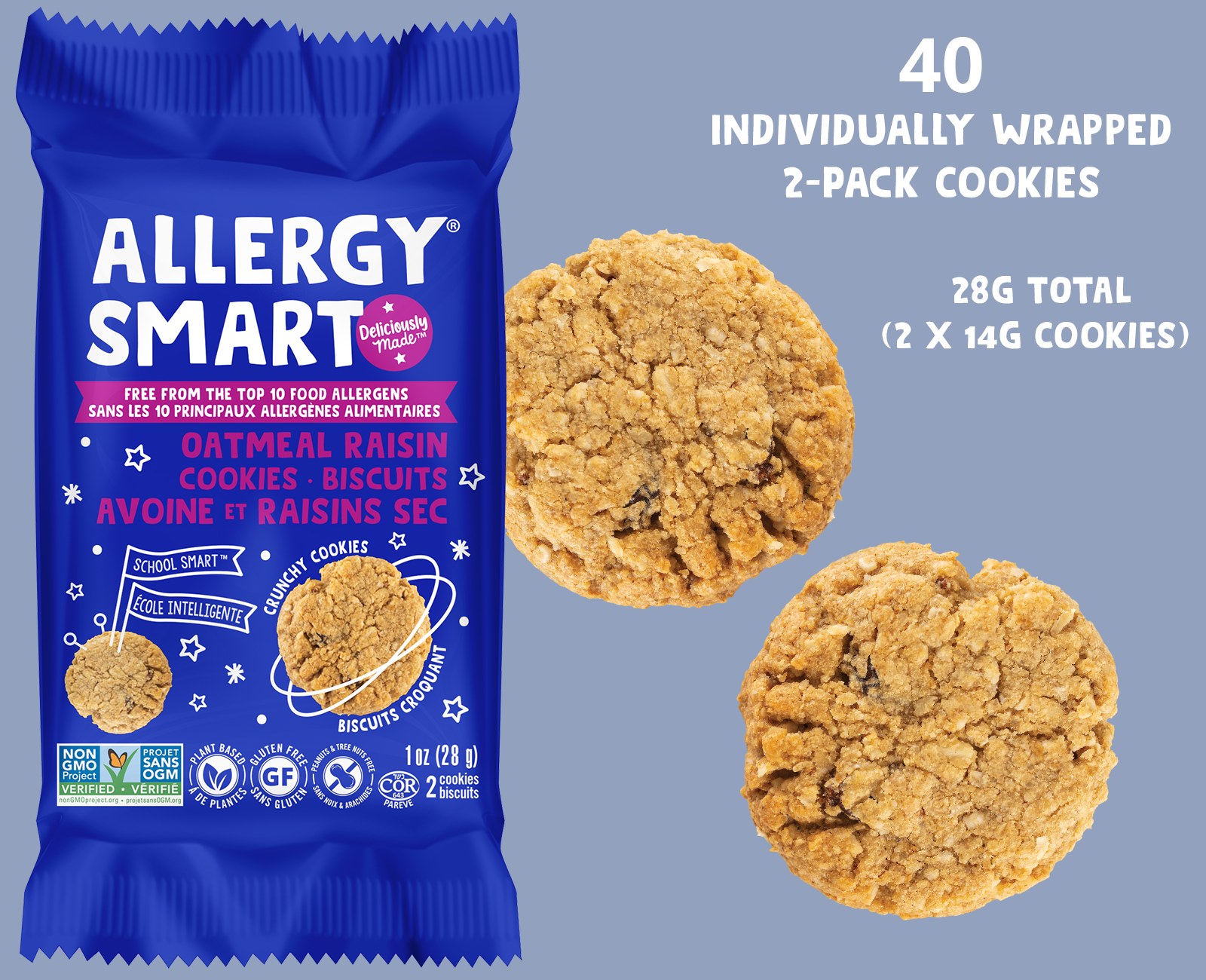 40 Individually Wrapped 2-Pack Cookies | Oatmeal Raisin - AllergySmart - Green Gourmand Foods Inc.